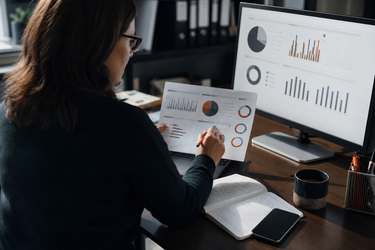 Communicatiemanager vergelijkt een papieren rapport met grafieken op een beeldscherm